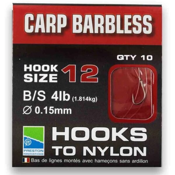 Preston Barbless Carp Hooks To Nylon - Size 12